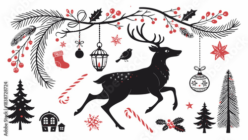 A large black silhouette vector set covering an entire white background with Christmas designs such as reindeer in a running sequence, sled silhouettes, snowman outlines, stylized evergreen trees, int