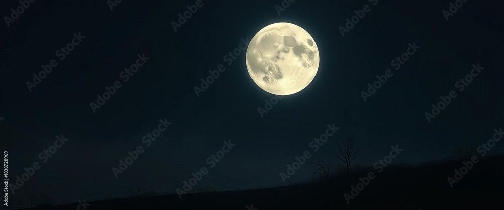 Fototapeta premium A colossal moon hangs low, casting an eerie glow over a silent landscape , dramatic, spectral