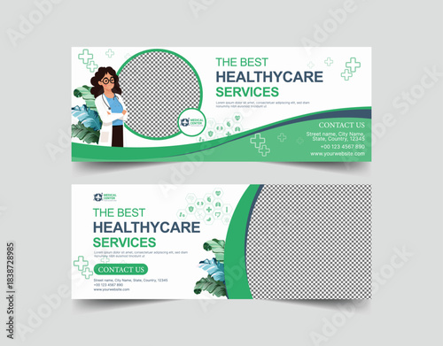 Medical and Healthcare Services Web Banner Template with Female Doctor Illustration