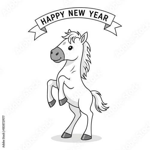 Cute Rearing Cartoon Horse with Happy New Year Banner Line Art
