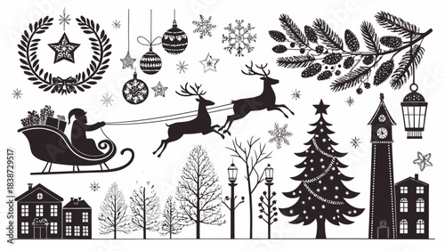 A dense Christmas-themed black silhouette set displayed on a white background, showcasing multiple reindeer poses, Santa riding a sleigh with flying reindeer, intricate snowflake shapes, candy canes, 
