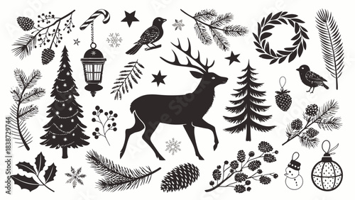 A festive holiday silhouette pattern showcasing black vector icons on a bright white background, including dancing reindeer, Santa’s sleigh, ornament balls with etched silhouettes, Christmas tree silh