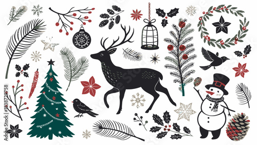 A clean white background filled with a large assortment of high-contrast black silhouette Christmas-themed icons including stylized reindeer, running deer, sleigh silhouettes, gift packages with ribbo