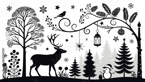 A clean white background filled with a large assortment of high-contrast black silhouette Christmas-themed icons including stylized reindeer, running deer, sleigh silhouettes, gift packages with ribbo