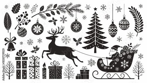 A large holiday silhouette bundle featuring bold black vector illustrations on a clean white backdrop, including Santa’s sleigh with reindeer, angel silhouettes, assorted ornaments with stars and snow