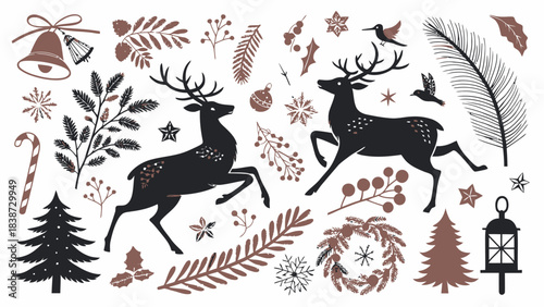 A holiday silhouette pack of winter icons including trees, mittens, Santa face, stars, reindeer, and candy canes arranged beautifully on white background.