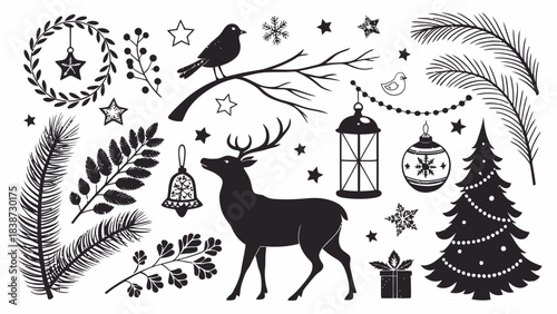 Vector collection of Christmas silhouettes featuring winter icons such as mittens, snowman, sleigh, holly, bells, pine trees, and Santa, all in minimal black on white background.