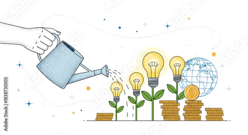 A conceptual illustration of a hand watering lightbulb plants growing from coins symbolizing investment in creative ideas.