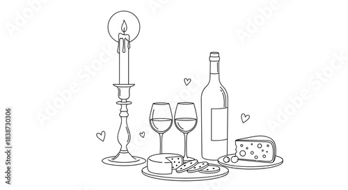 A simple line art illustration of a romantic dinner for two with wine cheese a lit candle and decorative floating hearts.