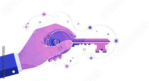A magical concept illustration of a hand holding a key surrounded by sparkles representing unlocking a new opportunity.
