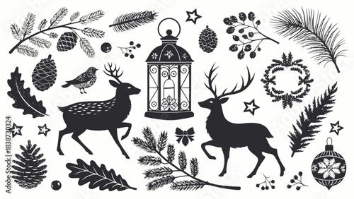 A festive holiday silhouette pattern showcasing black vector icons on a bright white background, including dancing reindeer, Santa’s sleigh, ornament balls with etched silhouettes, Christmas tree silh