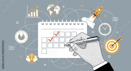 A retro stipple illustration of a hand marking a calendar for business planning with rocket and target goal icons nearby.