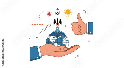 A conceptual illustration of a global startup launch with a rocket taking off from a globe and a hand giving a thumbs-up.