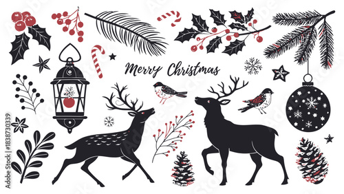 A festive holiday silhouette pattern showcasing black vector icons on a bright white background, including dancing reindeer, Santa’s sleigh, ornament balls with etched silhouettes, Christmas tree silh