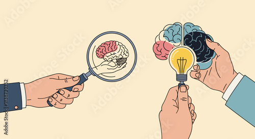 A psychological concept illustration showing the analysis of the human brain and the generation of creative new ideas.