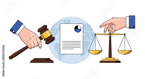 A legal concept illustration of international law with a gavel the scales of justice a document and a globe in view.