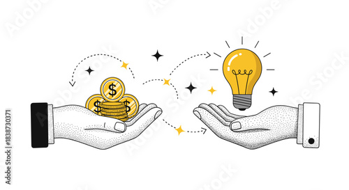 A concept illustration of exchanging money for a creative idea showing a hand with coins and a hand with a bright lightbulb.