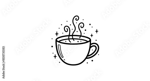 A simple and charming black and white doodle of a steaming hot cup of coffee or tea surrounded by little sparkles.