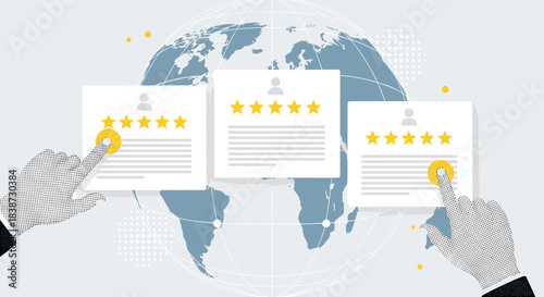 A business concept of analyzing global customer feedback with hands selecting online reviews with five star ratings online.