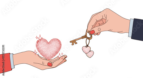 A hand gives a key with heart-shaped keychains to another hand that is holding a sparkling heart symbolizing true love.