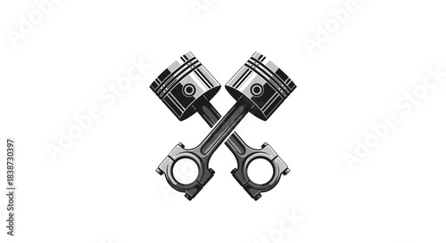 A pair of shiny metal engine pistons are crossed in a classic X shape for a garage or automotive-themed logo design.