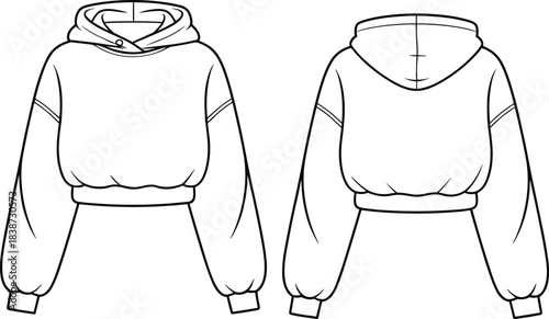 cad drawing flat vector illustration, cropped hoodie sketch, front back view, fashion template, apparel design, technical garment construction outline