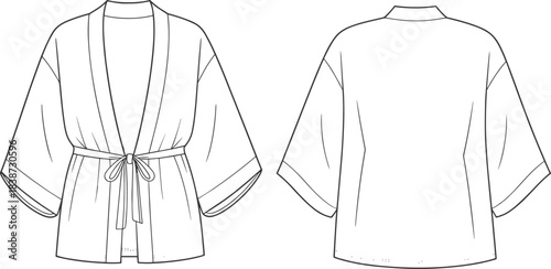cad drawing flat vector illustration, kimono fashion sketch, front back view, garment template, apparel design, technical construction outline