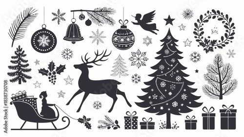 A clean white background filled with a large assortment of high-contrast black silhouette Christmas-themed icons including stylized reindeer, running deer, sleigh silhouettes, gift packages with ribbo