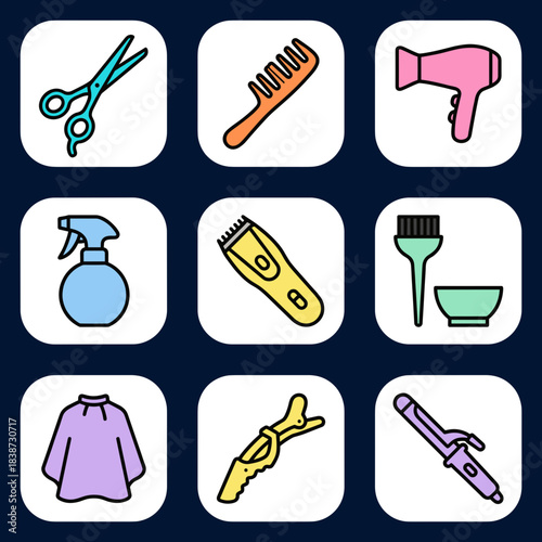 Set of nine colorful line-style vector icons representing various hairdressing tools and beauty salon equipment for professional services and treatments on a dark background