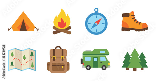 Eight colorful camping and hiking vector icons in a flat style, featuring essential gear and natural elements for outdoor adventure and travel