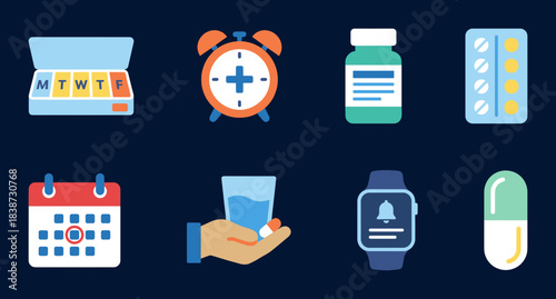 Set of eight flat vector icons for medication reminders, daily pill schedules, drug management, and healthcare technology on a dark background