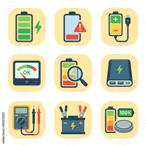 Diverse set of battery health and charging icons including power level, warning, multimeter, and power bank concepts