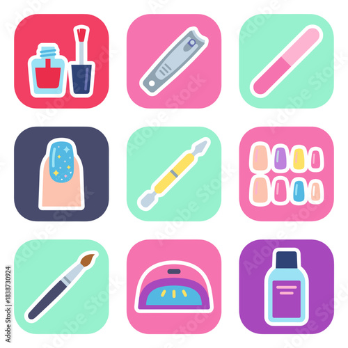Set of nail art and manicure icons for beauty, cosmetic, and salon themes including polish, clipper, file, and UV light