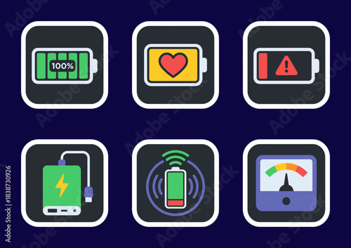 Set of battery and charging related icons with status indicator, heart health, power bank, and wireless charge symbols