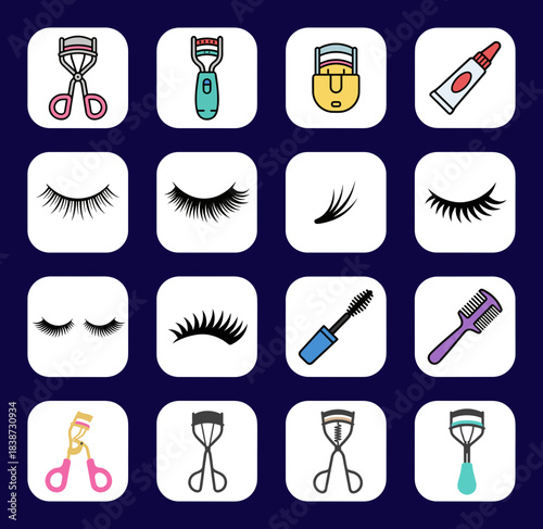 Large collection of eyelash curler, mascara, and false lash icons for beauty, makeup, and cosmetic applications