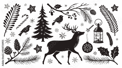 A clean white background filled with a large assortment of high-contrast black silhouette Christmas-themed icons including stylized reindeer, running deer, sleigh silhouettes, gift packages with ribbo