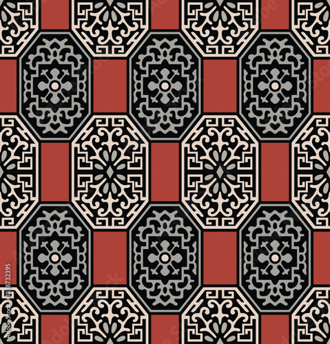 Japanese Octagon Flower Vector Seamless Pattern
