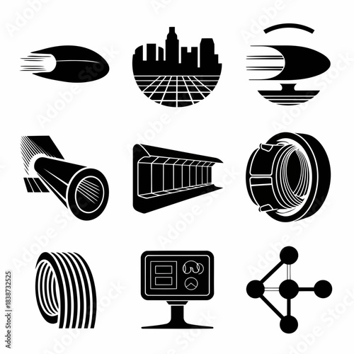Collection of various technology and science icons including rockets, satellites, and network diagrams