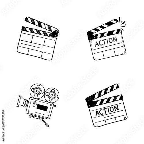 Hand Drawn Doodle Style Movie Film Clapperboard and Camera Set