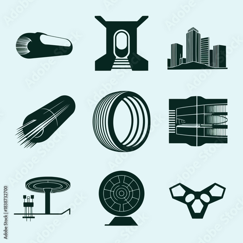 Collection of nine black and white icons representing various architectural and structural elements