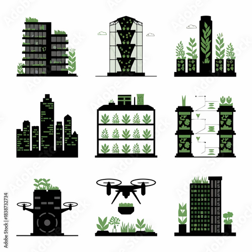Modern city buildings with green rooftops and vertical gardens, drone delivery, and urban infrastructure icons set