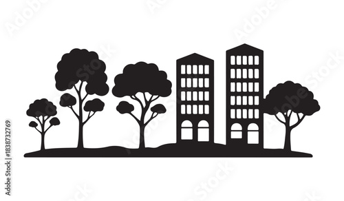  Urban landscape with trees and tall buildings in a striking black silhouette