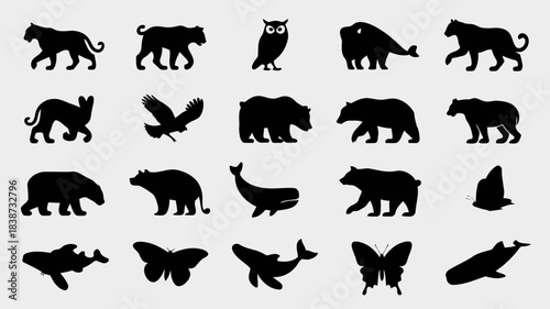 Black silhouettes of various animals including cats, bears, owls, and more in different poses