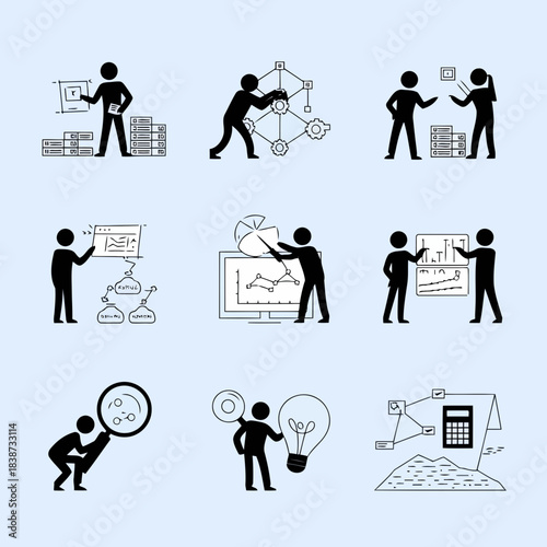 Illustration of a person engaged in various professional activities such as presenting, analyzing data, brainstorming, and planning projects