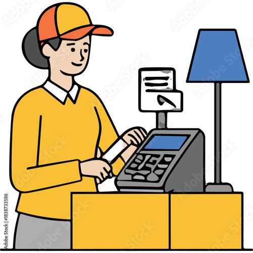 Smiling Woman Wearing Orange Cap and Yellow Sweater Operating a Cash Register at a Counter with a Blue Lamp in a Store or Shop