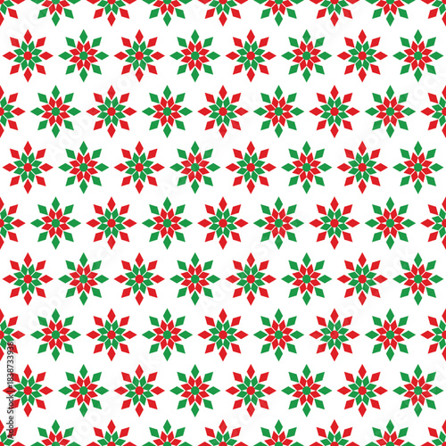 A seamless geometric floral pattern in red and green, creating a bright and festive holiday feel.