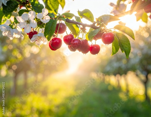 Ripe red cherries and white blossoms on a branch in a sunlit orchard.