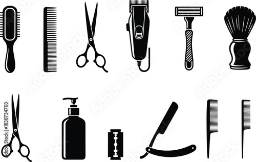 Barber and Grooming Tool Silhouette Collection Featuring Brushes, Combs, Razors, Scissors, Clippers, and Bottles for Haircut and Shaving Design