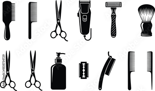Barber and Grooming Tool Silhouette Collection Featuring Combs, Scissors, Razors, Clippers, and Bottles for Haircut and Shaving Design