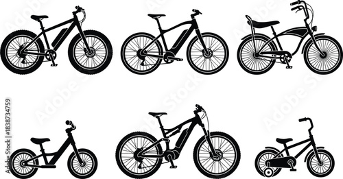 Bicycle silhouette icon set featuring diverse bike types including electric, mountain, cruiser, and kids’ bikes for design use